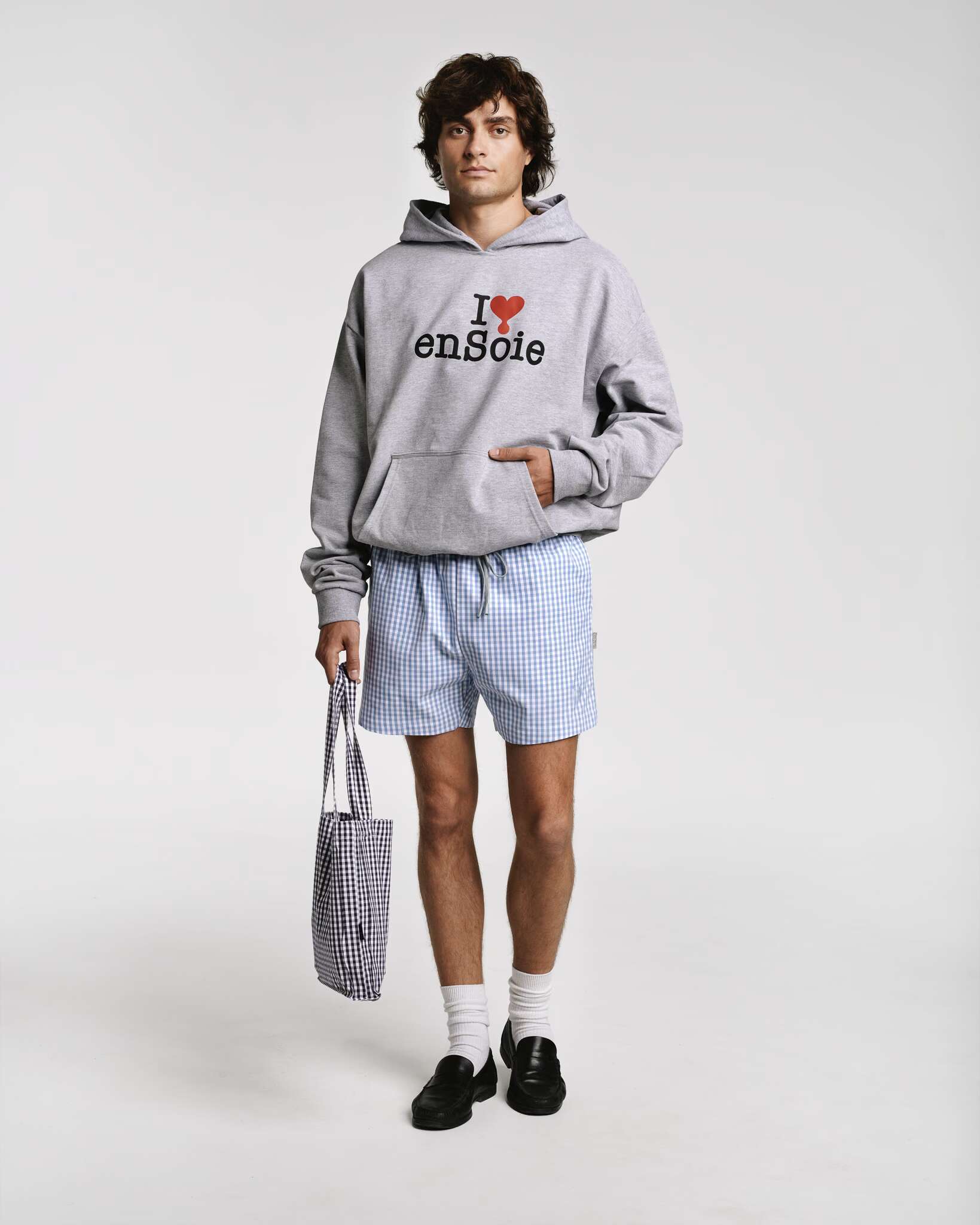 Model wearing the light blue cerulean vichy cotton shorts