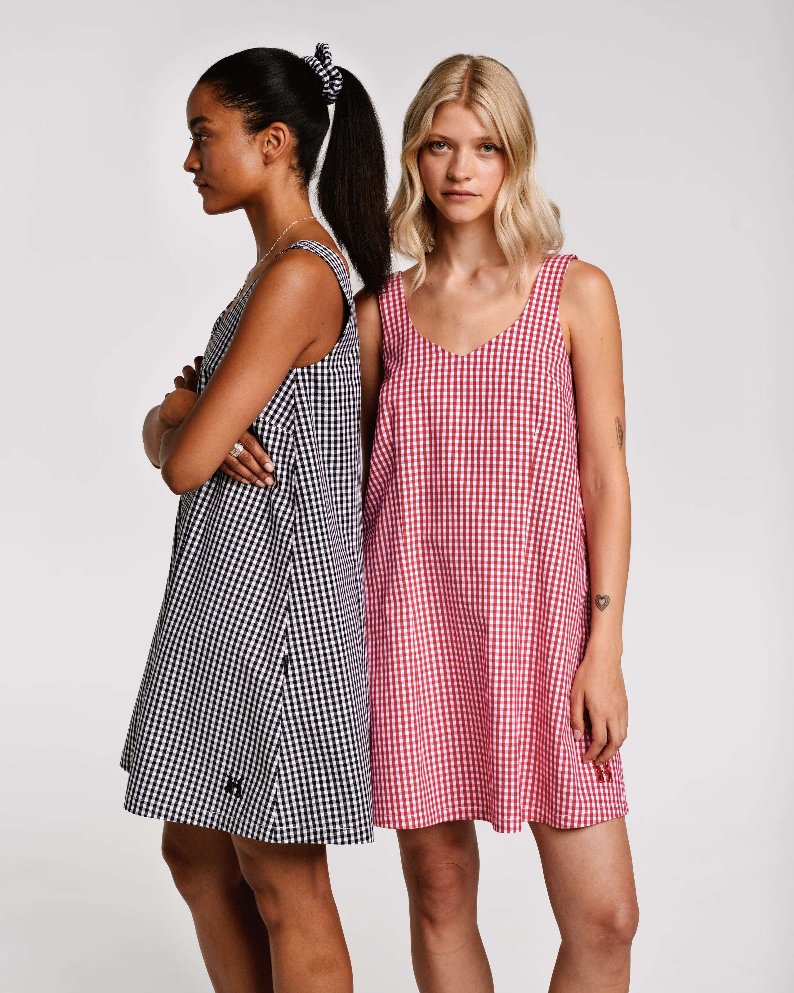 Vichy check dress in black and red with two models