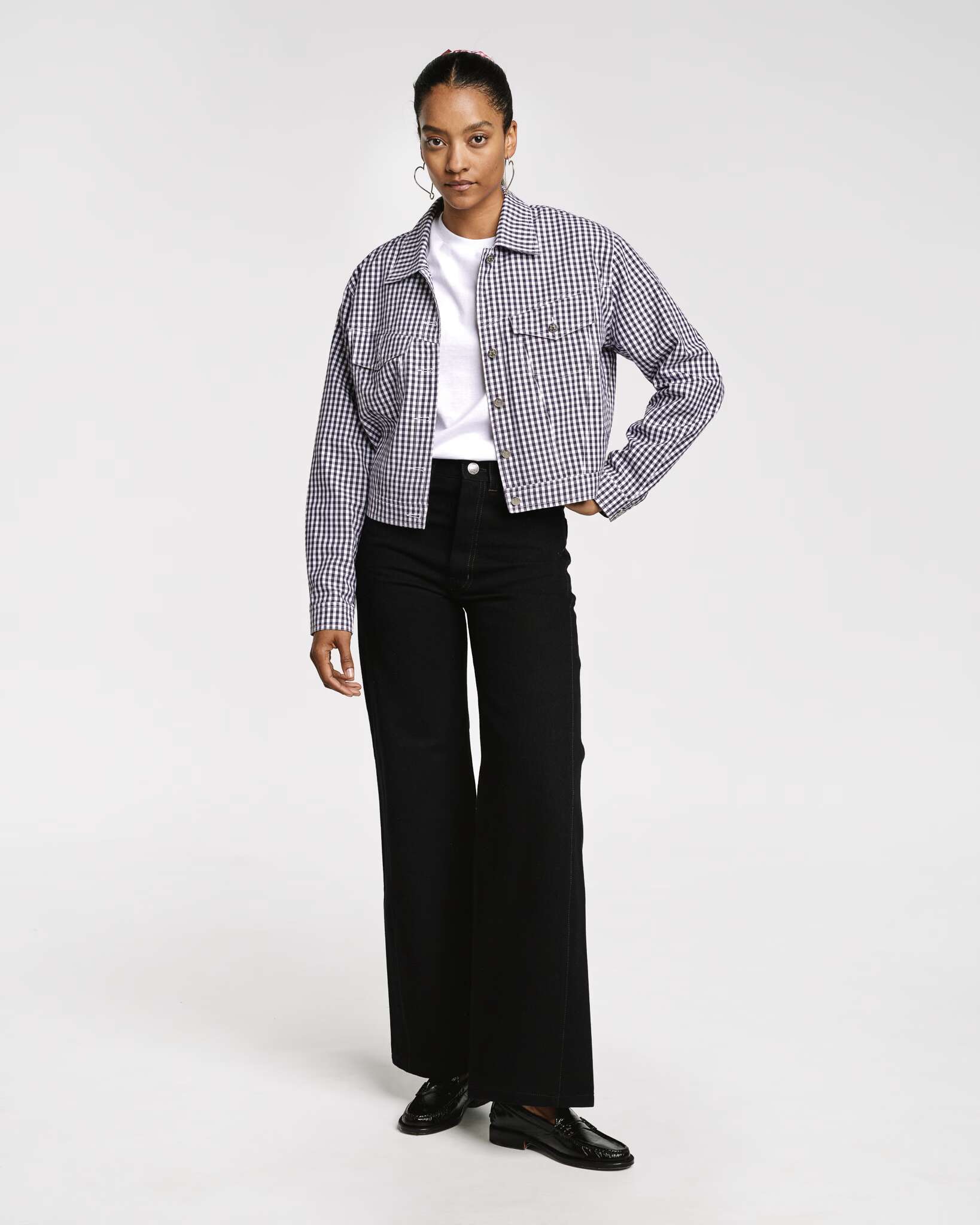 Model wearing the navy vichy check Jill jacket