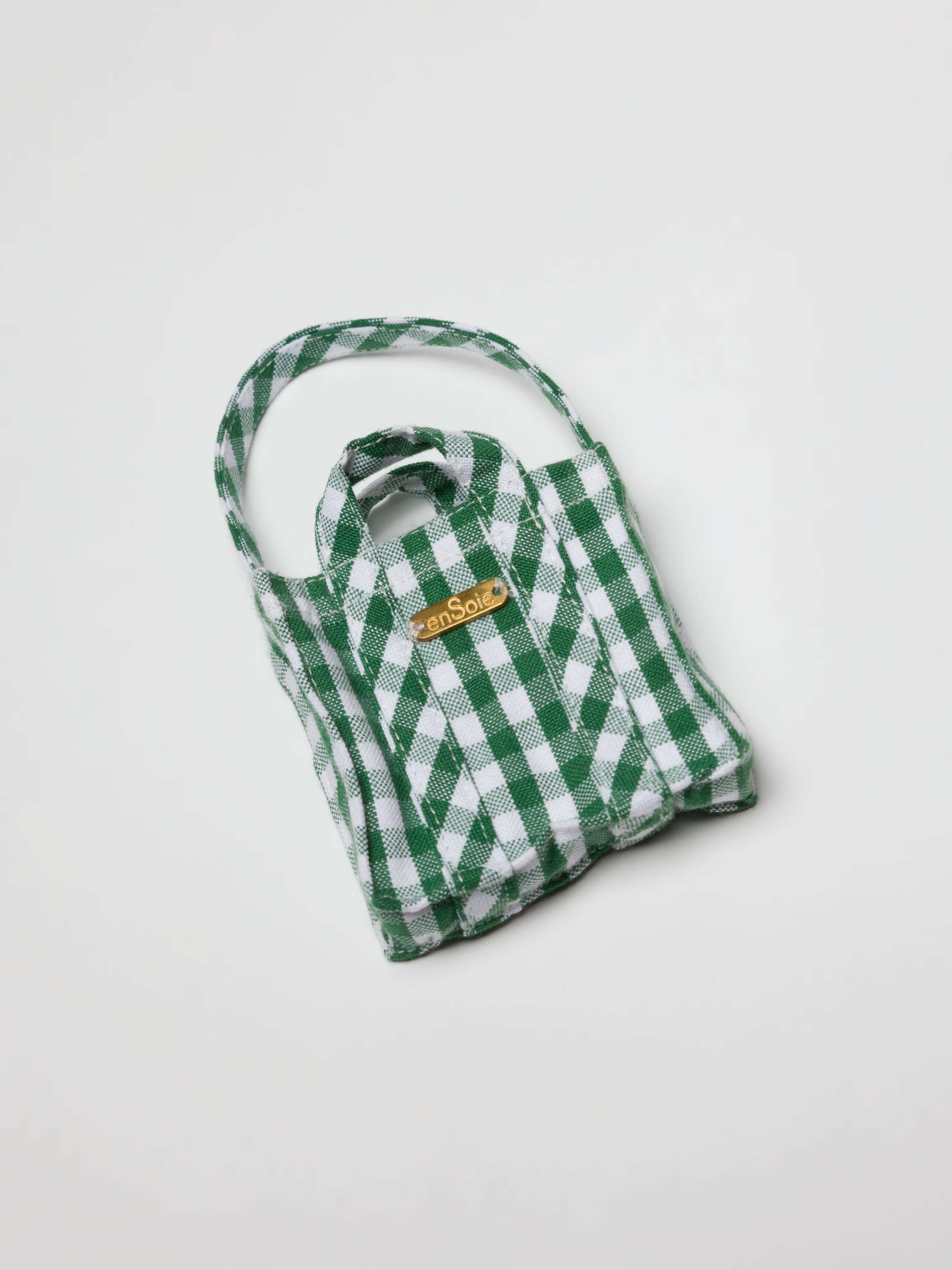 Fancy miniature Cabas charm for bag or keychain in green cotton vichy