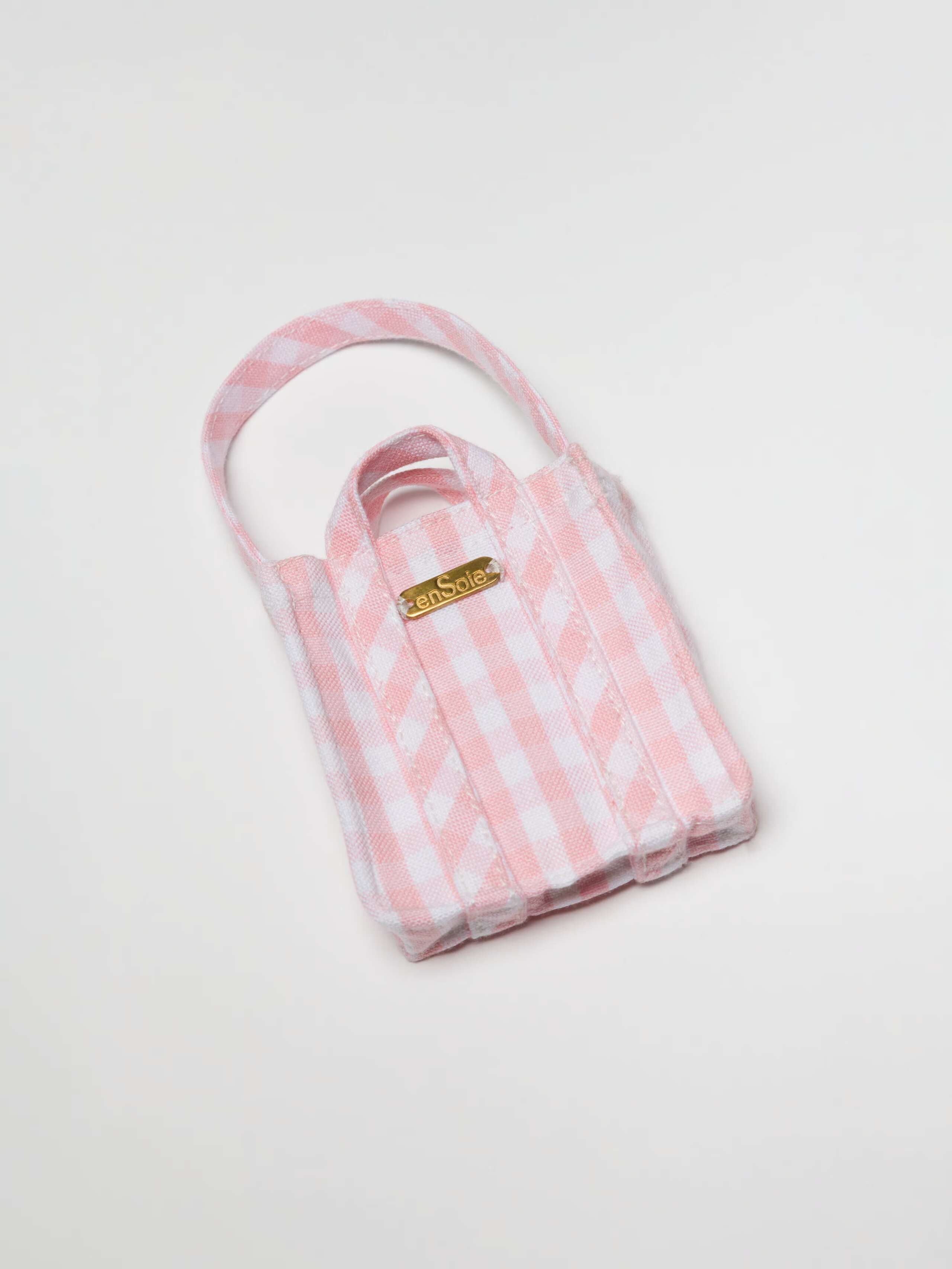 Fancy miniature Cabas charm for bag or keychain in pink cotton vichy