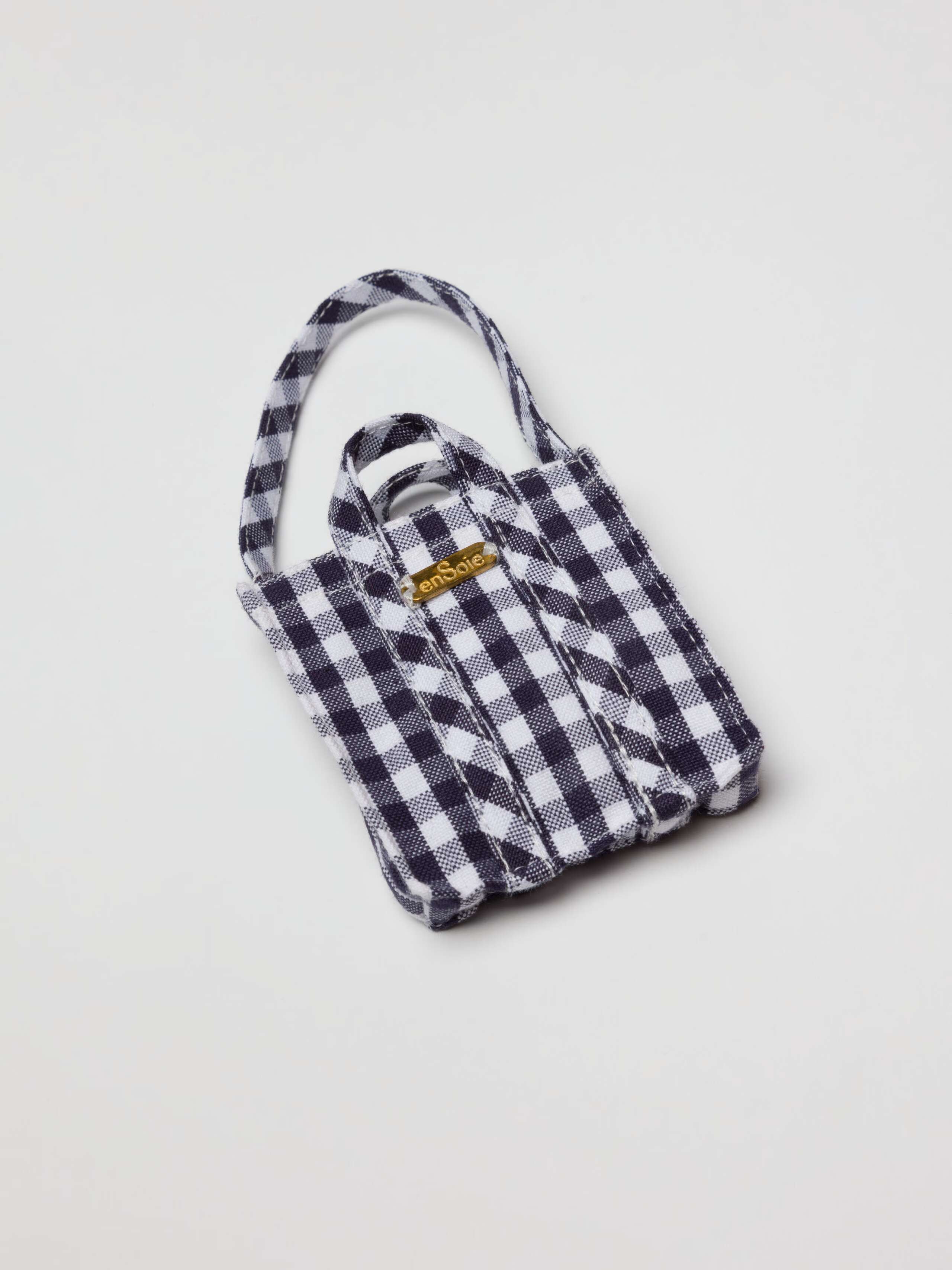 Fancy miniature Cabas charm for bag or keychain in navy cotton vichy