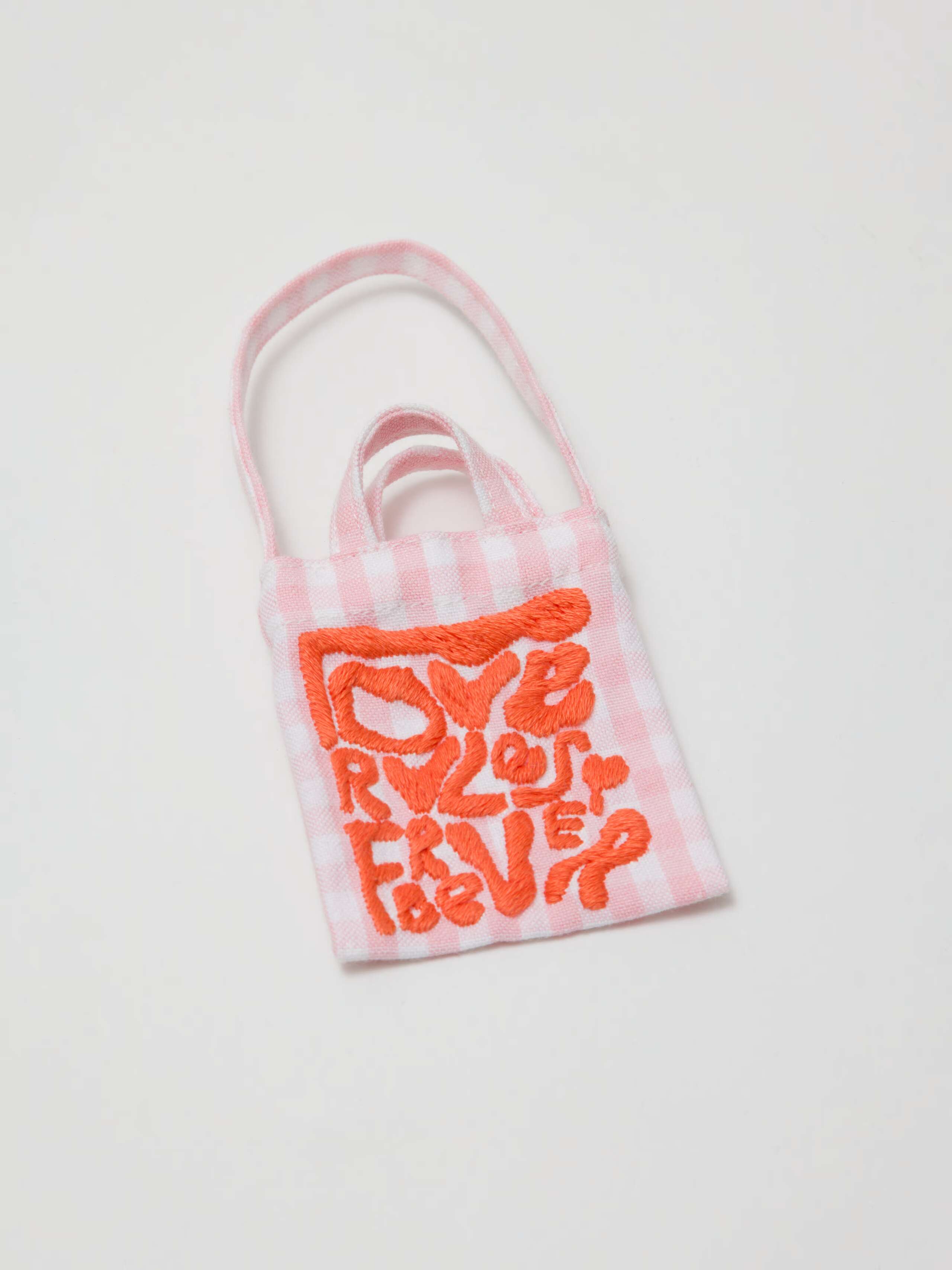 Miniature embroidered carry all bag fancy charm in pink vichy