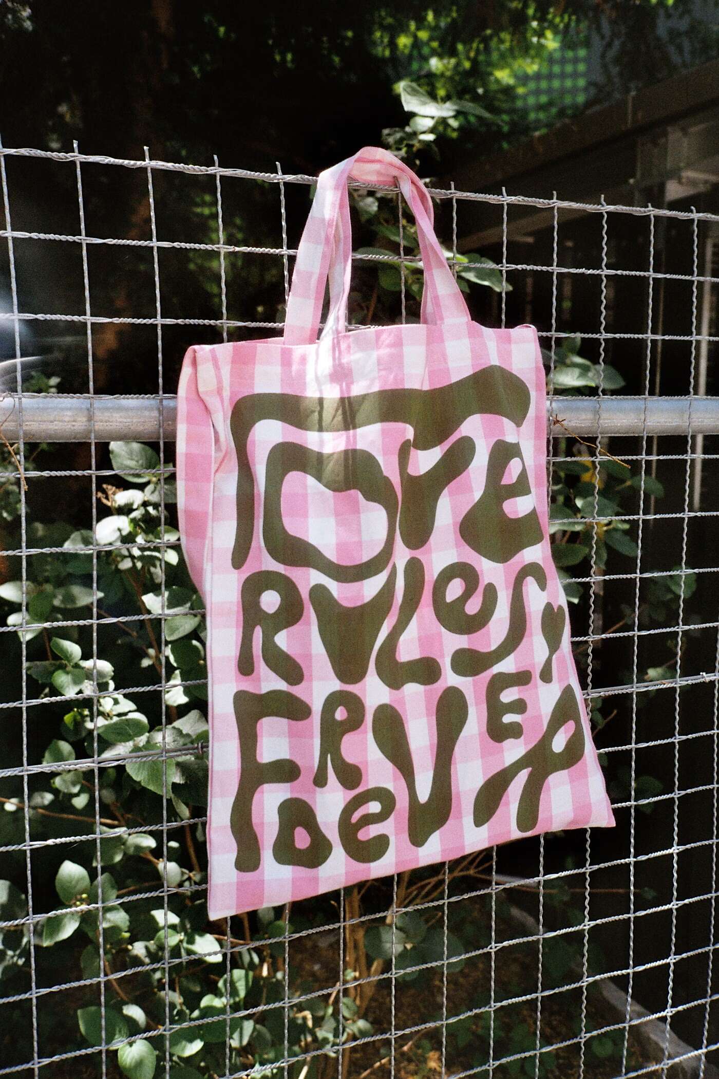 cabas bag in rose garden hanging at a fence