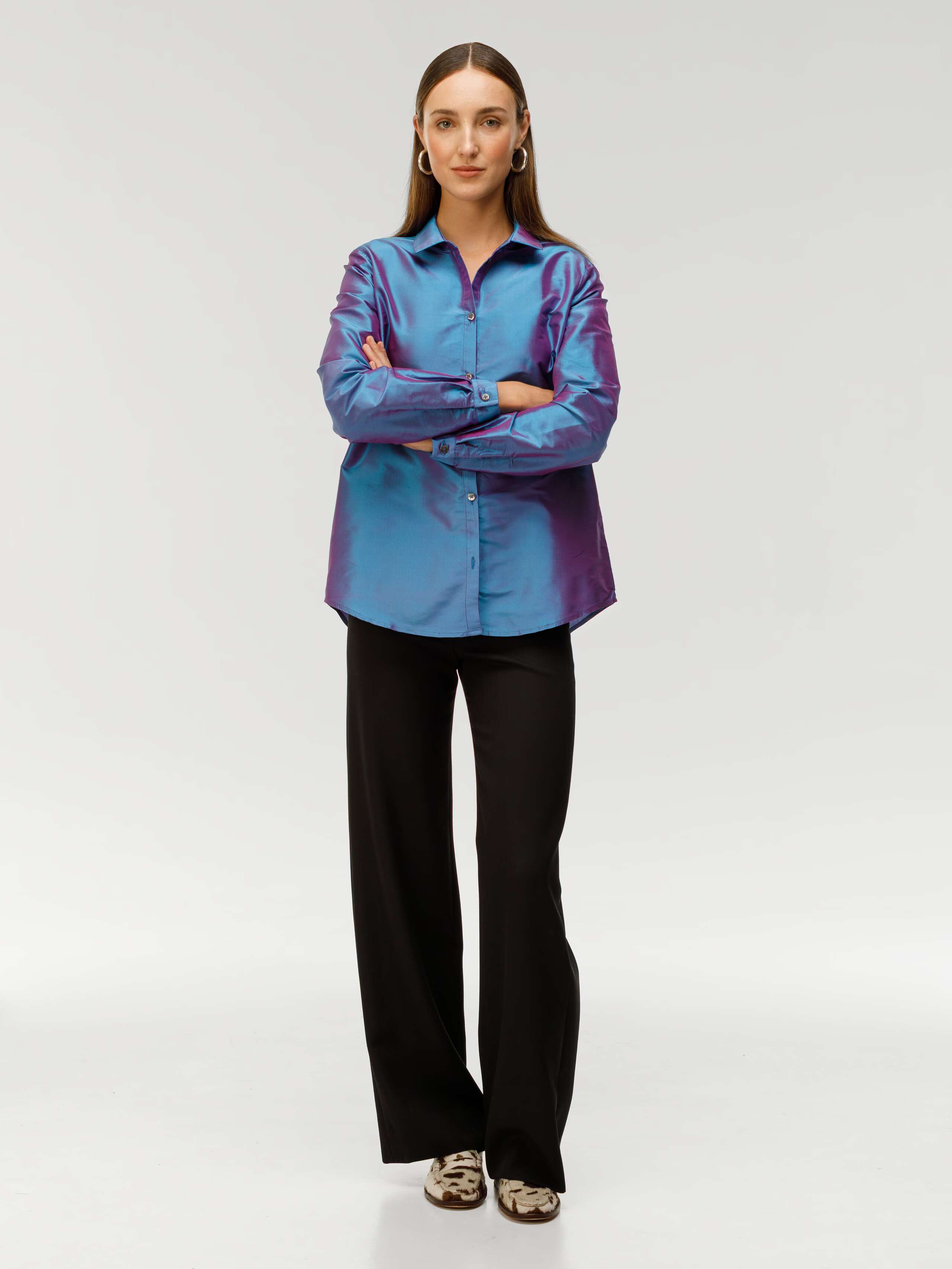 Romy blouse funky blue in satin silk worn by model